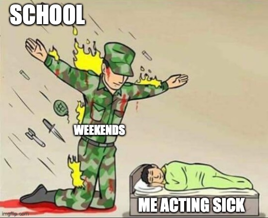this is why you should never go to school | SCHOOL; WEEKENDS; ME ACTING SICK | image tagged in soldier protecting sleeping child | made w/ Imgflip meme maker
