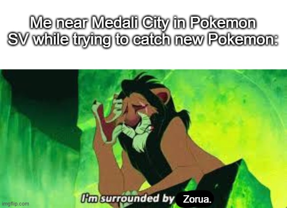 I Just Wanna Pineco, Damnit! | Me near Medali City in Pokemon SV while trying to catch new Pokemon:; Zorua. | image tagged in i'm surrounded by idiots | made w/ Imgflip meme maker