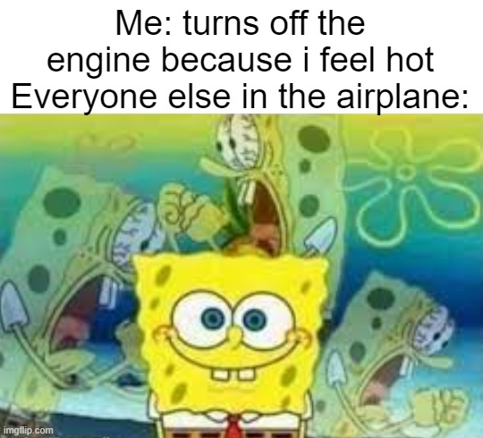 internal screaming spongebob | Me: turns off the engine because i feel hot
Everyone else in the airplane: | image tagged in internal screaming spongebob | made w/ Imgflip meme maker
