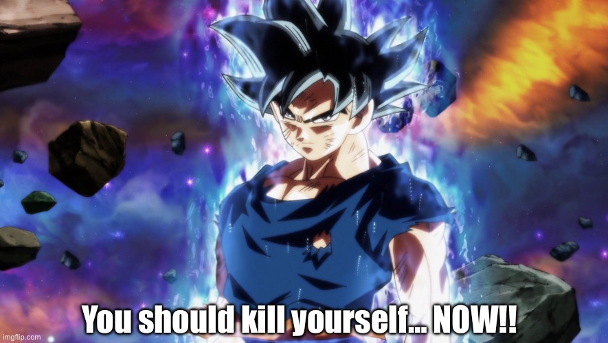 ultra instinct goku | You should kill yourself… NOW!! | image tagged in ultra instinct goku | made w/ Imgflip meme maker