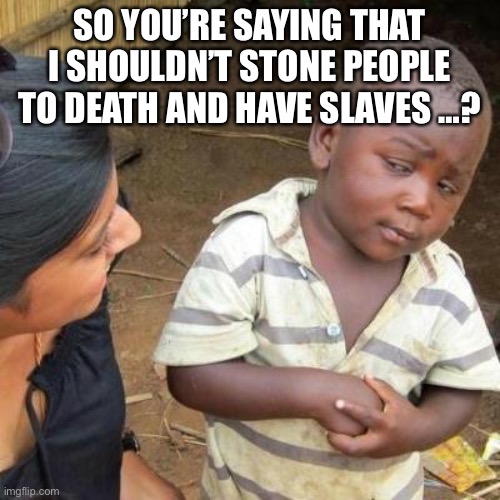 So You're Telling Me | SO YOU’RE SAYING THAT I SHOULDN’T STONE PEOPLE TO DEATH AND HAVE SLAVES …? | image tagged in so you're telling me | made w/ Imgflip meme maker