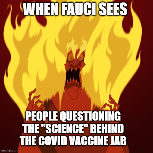 Fauci seeing Red! | WHEN FAUCI SEES; PEOPLE QUESTIONING THE "SCIENCE" BEHIND THE COVID VACCINE JAB | image tagged in hades mad,fauci | made w/ Imgflip meme maker