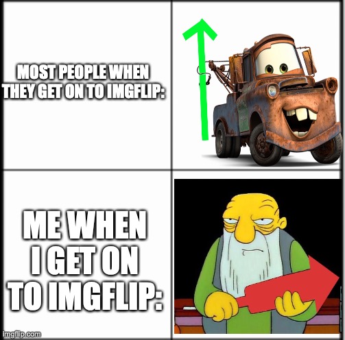 Table chart | MOST PEOPLE WHEN THEY GET ON TO IMGFLIP:; ME WHEN I GET ON TO IMGFLIP: | image tagged in table chart | made w/ Imgflip meme maker
