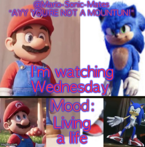 @Mario-Sonic-Mates’ announcement template | I’m watching Wednesday; Living a life | image tagged in mario-sonic-mates announcement template | made w/ Imgflip meme maker
