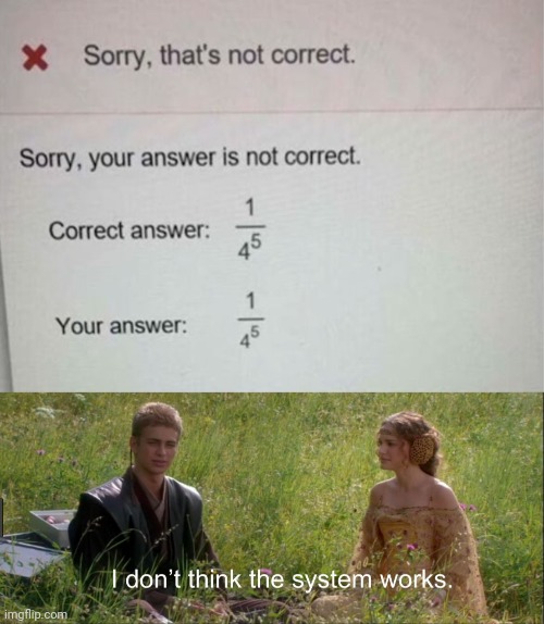 Correct answer actually | image tagged in i don't think the system works,you had one job,memes,reposts,repost,fractions | made w/ Imgflip meme maker