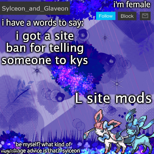 Sylceon_and_Glaveon 4.0 | i got a site ban for telling someone to kys; L site mods | image tagged in sylceon_and_glaveon 4 0 | made w/ Imgflip meme maker