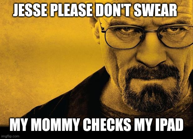 Breaking bad | JESSE PLEASE DON'T SWEAR; MY MOMMY CHECKS MY IPAD | image tagged in breaking bad | made w/ Imgflip meme maker