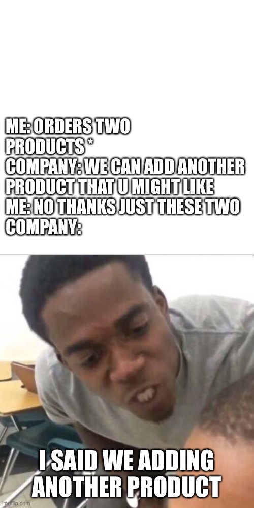 Black Friday sales be like | ME: ORDERS TWO PRODUCTS *
COMPANY: WE CAN ADD ANOTHER PRODUCT THAT U MIGHT LIKE
ME: NO THANKS JUST THESE TWO
COMPANY:; I SAID WE ADDING ANOTHER PRODUCT | image tagged in blank square,i said we sad today | made w/ Imgflip meme maker