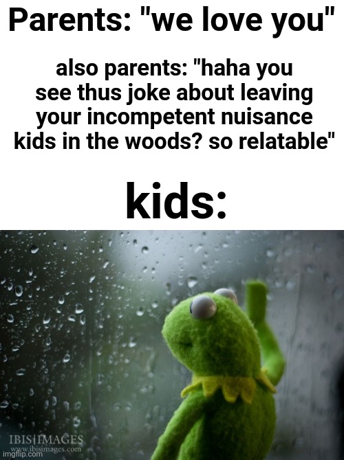 This is true | Parents: "we love you"; also parents: "haha you see thus joke about leaving your incompetent nuisance kids in the woods? so relatable"; kids: | image tagged in kermit window | made w/ Imgflip meme maker