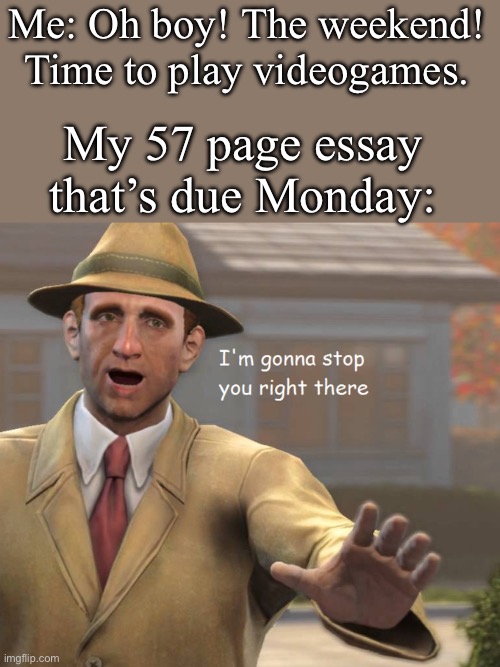 Damn it | Me: Oh boy! The weekend! Time to play videogames. My 57 page essay that’s due Monday: | image tagged in im gonna stop you right there,memes,funny,school,weekends,homework | made w/ Imgflip meme maker