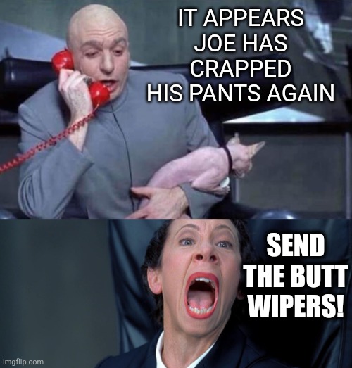 Dr Evil and Frau | IT APPEARS JOE HAS CRAPPED HIS PANTS AGAIN SEND THE BUTT WIPERS! | image tagged in dr evil and frau | made w/ Imgflip meme maker
