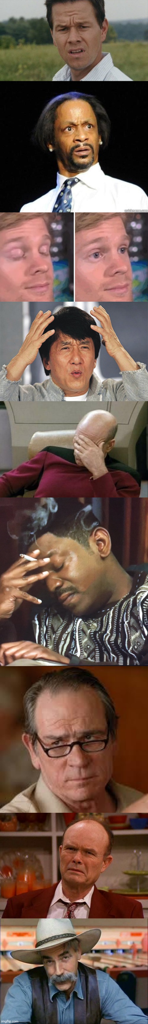 image tagged in mark wahlburg confused,katt williams wtf meme,white guy blinking,jackie chan confused,memes,captain picard facepalm | made w/ Imgflip meme maker