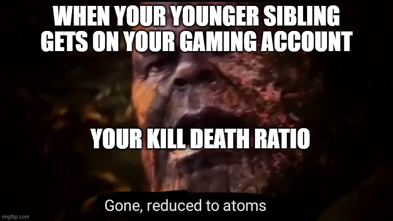 Thanos gone, reduced to atoms | WHEN YOUR YOUNGER SIBLING GETS ON YOUR GAMING ACCOUNT; YOUR KILL DEATH RATIO | image tagged in thanos gone reduced to atoms | made w/ Imgflip meme maker