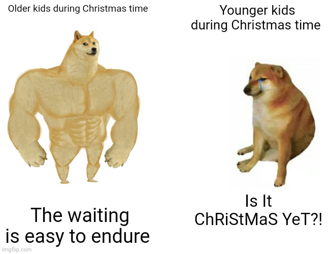 I'm not sure how relatable this is | Older kids during Christmas time; Younger kids during Christmas time; Is It ChRiStMaS YeT?! The waiting is easy to endure | image tagged in memes,buff doge vs cheems,christmas | made w/ Imgflip meme maker