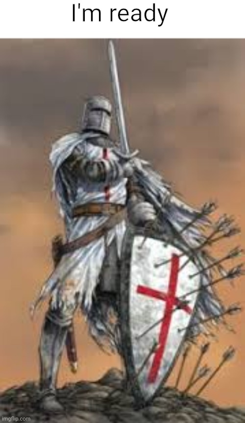 I'm ready | image tagged in holy crusader w/ sheild | made w/ Imgflip meme maker