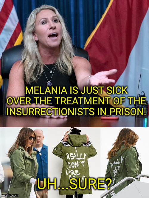 You can't make this shit up. They can. They do it all time. It's like an obsession or something. Or maybe just a hobby? | MELANIA IS JUST SICK OVER THE TREATMENT OF THE INSURRECTIONISTS IN PRISON! UH...SURE? | image tagged in marjorie taylor greene is this the holocaust,i don't get it do you what/who doesn't she care about | made w/ Imgflip meme maker