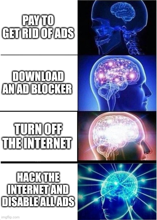 Ways to get rid of ads | PAY TO GET RID OF ADS; DOWNLOAD AN AD BLOCKER; TURN OFF THE INTERNET; HACK THE INTERNET AND DISABLE ALL ADS | image tagged in memes,expanding brain,ads,dank memes,hacking,internet | made w/ Imgflip meme maker
