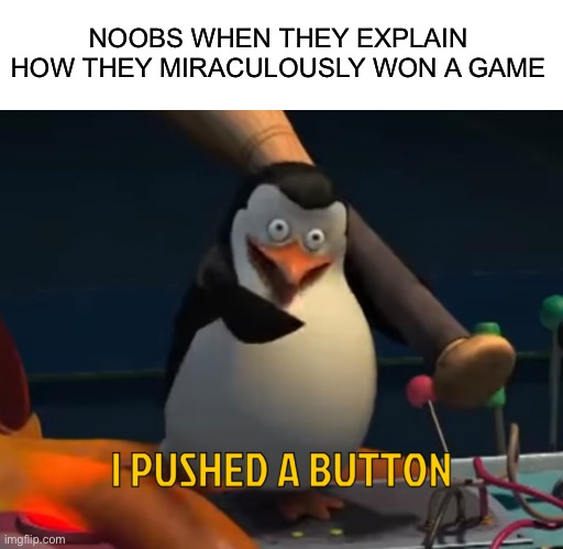 Sometimes they just get lucky | NOOBS WHEN THEY EXPLAIN HOW THEY MIRACULOUSLY WON A GAME | image tagged in i pushed a button,gaming,noobs,video games,memes,funny | made w/ Imgflip meme maker