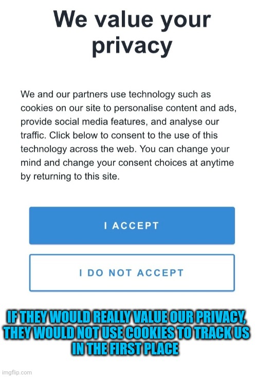 Who thinks 'they' actually value our privacy? | IF THEY WOULD REALLY VALUE OUR PRIVACY,
THEY WOULD NOT USE COOKIES TO TRACK US
IN THE FIRST PLACE | image tagged in privacy,cookies,browser history,internet,bullshit | made w/ Imgflip meme maker