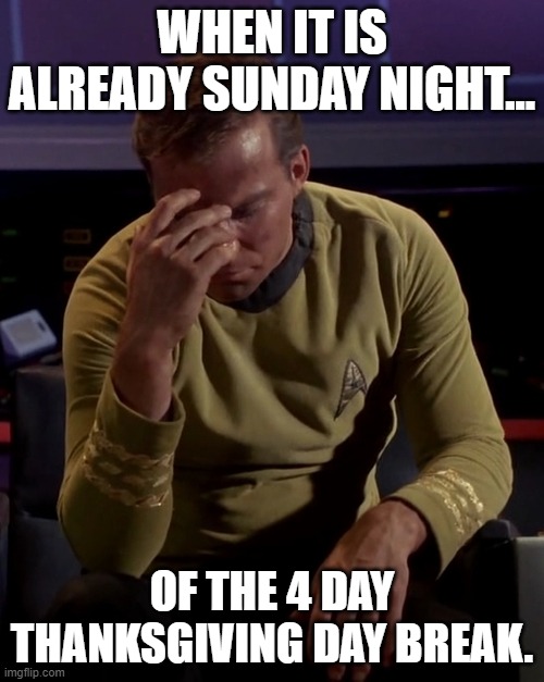 Time passes fast. | WHEN IT IS ALREADY SUNDAY NIGHT... OF THE 4 DAY THANKSGIVING DAY BREAK. | image tagged in kirk face palm,thanksgiving | made w/ Imgflip meme maker