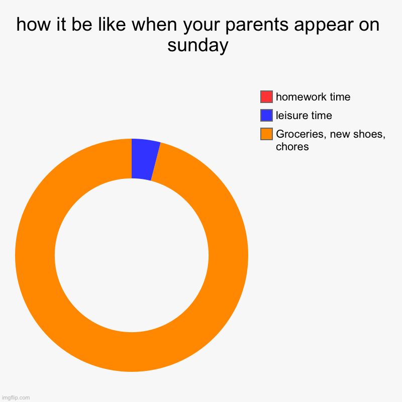 how it be like when your parents appear on sunday | Groceries, new shoes, chores, leisure time, homework time | image tagged in charts,donut charts | made w/ Imgflip chart maker