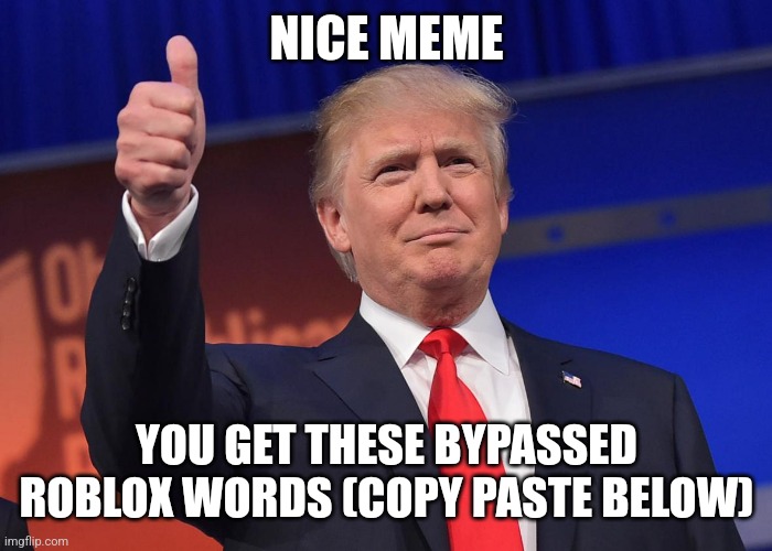 donald trump | NICE MEME YOU GET THESE BYPASSED ROBLOX WORDS (COPY PASTE BELOW) | image tagged in donald trump | made w/ Imgflip meme maker