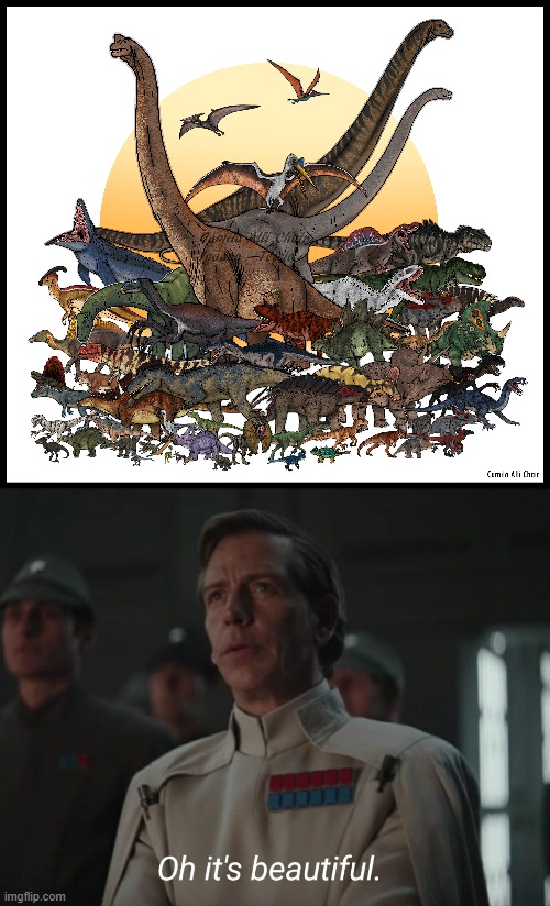 Art by FreakyRaptor on DeviantArt. If you look closely, it has every prehistoric creature in film canon | image tagged in oh it's beautiful,dinosaurs,poster,jurassic park,jurassic world,fanart | made w/ Imgflip meme maker
