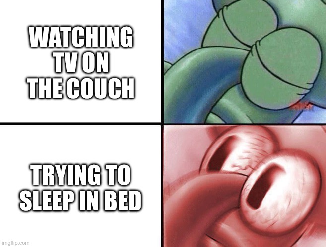 Couch vs. Bed | WATCHING TV ON THE COUCH; TRYING TO SLEEP IN BED | image tagged in sleeping squidward | made w/ Imgflip meme maker