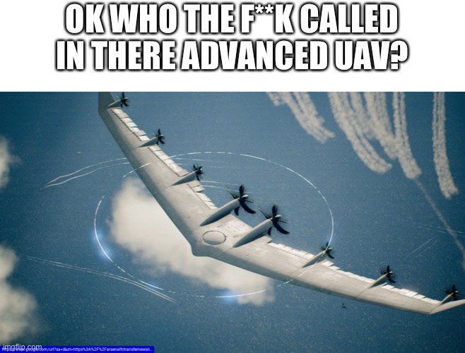 Arsenal bird | OK WHO THE F**K CALLED IN THERE ADVANCED UAV? | image tagged in arsenal bird,ace combat | made w/ Imgflip meme maker