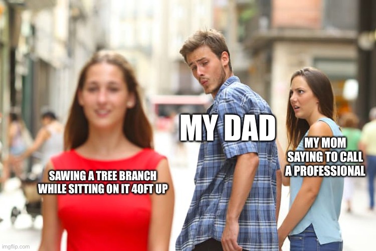 good idea |  MY DAD; MY MOM SAYING TO CALL A PROFESSIONAL; SAWING A TREE BRANCH WHILE SITTING ON IT 40FT UP | image tagged in memes,distracted boyfriend,tree,modern problems require modern solutions,stupid,genius | made w/ Imgflip meme maker
