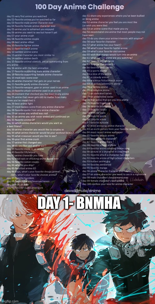 DAY 1- BNMHA | image tagged in 100 day anime challenge,my hero academia | made w/ Imgflip meme maker