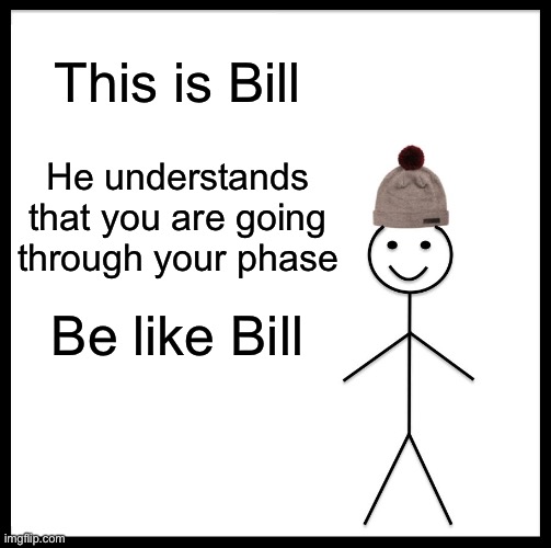 Be Like Bill | This is Bill; He understands that you are going through your phase; Be like Bill | image tagged in memes,be like bill | made w/ Imgflip meme maker