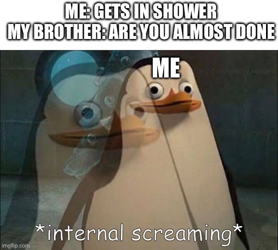 Why | ME: GETS IN SHOWER
MY BROTHER: ARE YOU ALMOST DONE; ME | image tagged in private internal screaming,memes,internal screaming | made w/ Imgflip meme maker