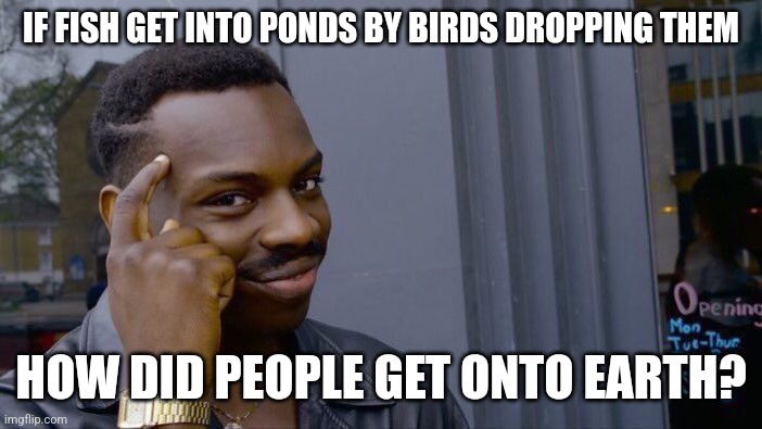 Roll Safe Think About It | IF FISH GET INTO PONDS BY BIRDS DROPPING THEM; HOW DID PEOPLE GET ONTO EARTH? | image tagged in memes,roll safe think about it | made w/ Imgflip meme maker