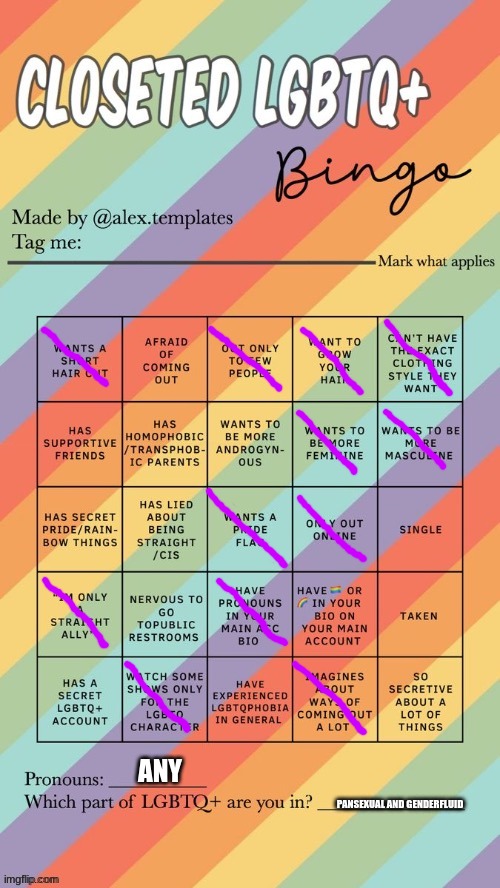 i want to be female and male at the same time that i wished there was a public bathroom for genderfluids | ANY; PANSEXUAL AND GENDERFLUID | image tagged in closeted lgbtq bingo | made w/ Imgflip meme maker