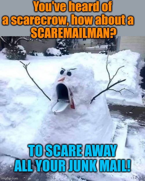 Abo-mail-able Snowman | You've heard of a scarecrow, how about a    
 SCAREMAILMAN? TO SCARE AWAY ALL YOUR JUNK MAIL! | image tagged in snowman,mailbox,snow,ideas,scare,mailman | made w/ Imgflip meme maker