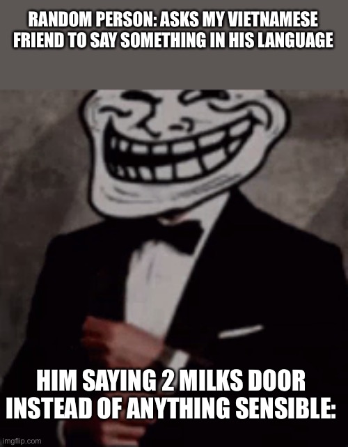 True story | RANDOM PERSON: ASKS MY VIETNAMESE FRIEND TO SAY SOMETHING IN HIS LANGUAGE; HIM SAYING 2 MILKS DOOR INSTEAD OF ANYTHING SENSIBLE: | image tagged in we do a little trolling | made w/ Imgflip meme maker