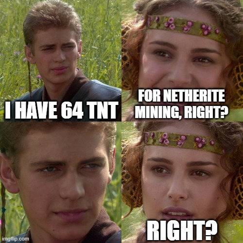 The Griefer | I HAVE 64 TNT; FOR NETHERITE MINING, RIGHT? RIGHT? | image tagged in anakin padme 4 panel | made w/ Imgflip meme maker