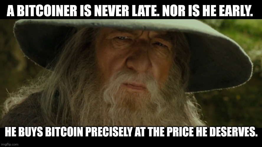 A BITCOINER IS NEVER LATE. NOR IS HE EARLY. HE BUYS BITCOIN PRECISELY AT THE PRICE HE DESERVES. | image tagged in Bitcoin | made w/ Imgflip meme maker