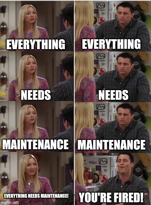 Phoebe Joey | EVERYTHING; EVERYTHING; NEEDS; NEEDS; MAINTENANCE; MAINTENANCE; EVERYTHING NEEDS MAINTENANCE! YOU'RE FIRED! | image tagged in phoebe joey | made w/ Imgflip meme maker