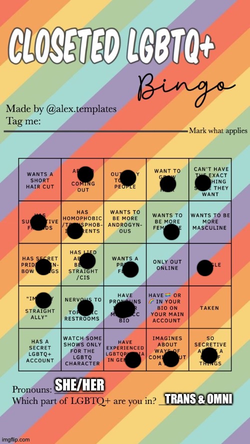 yay | SHE/HER; TRANS & OMNI | image tagged in closeted lgbtq bingo | made w/ Imgflip meme maker