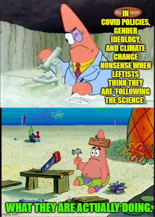 Of this there is no longer any doubt. | IN COVID POLICIES, GENDER IDEOLOGY, AND CLIMATE CHANGE NONSENSE WHEN LEFTISTS THINK THEY ARE 'FOLLOWING THE SCIENCE'. WHAT THEY ARE ACTUALLY DOING. | image tagged in patrick smart dumb | made w/ Imgflip meme maker