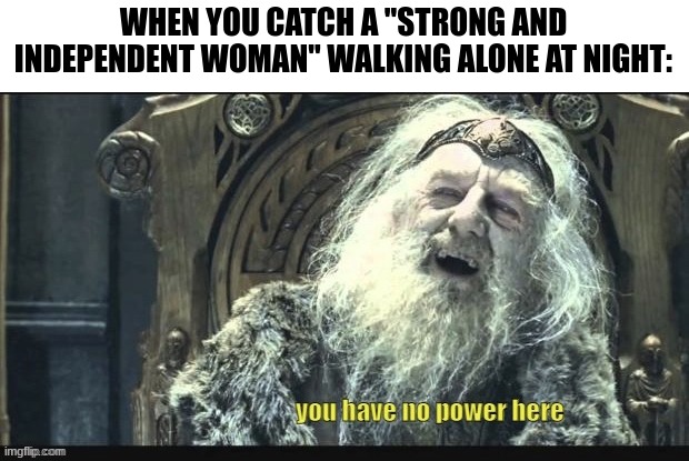 You have no power here yellow caption lowercase | WHEN YOU CATCH A "STRONG AND INDEPENDENT WOMAN" WALKING ALONE AT NIGHT: | image tagged in you have no power here yellow caption lowercase | made w/ Imgflip meme maker