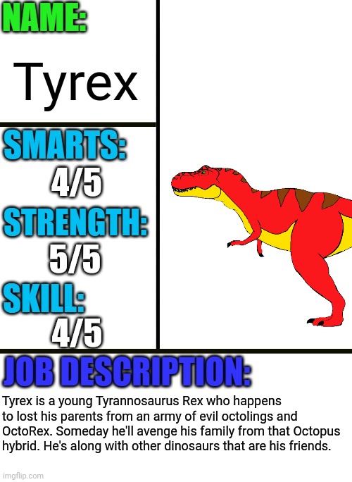 Tyrex | Tyrex; 4/5; 5/5; 4/5; Tyrex is a young Tyrannosaurus Rex who happens to lost his parents from an army of evil octolings and OctoRex. Someday he'll avenge his family from that Octopus hybrid. He's along with other dinosaurs that are his friends. | image tagged in antiboss-heroes template | made w/ Imgflip meme maker