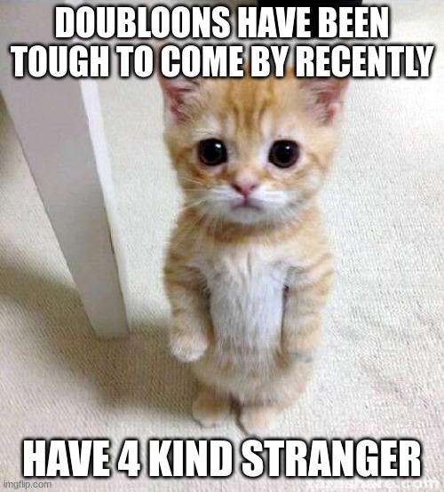 doubloons | DOUBLOONS HAVE BEEN TOUGH TO COME BY RECENTLY; HAVE 4 KIND STRANGER | image tagged in memes,cute cat | made w/ Imgflip meme maker