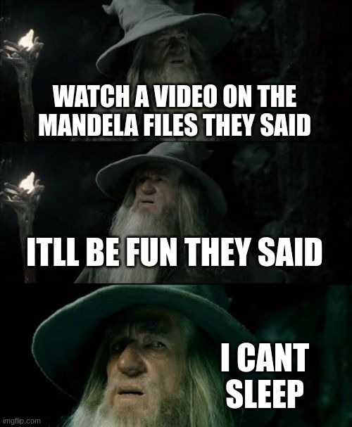 why do i listen to my friends. im 13 years old and i am as scared as a 4 year old during halloween. | WATCH A VIDEO ON THE MANDELA FILES THEY SAID; ITLL BE FUN THEY SAID; I CANT SLEEP | image tagged in memes,confused gandalf | made w/ Imgflip meme maker