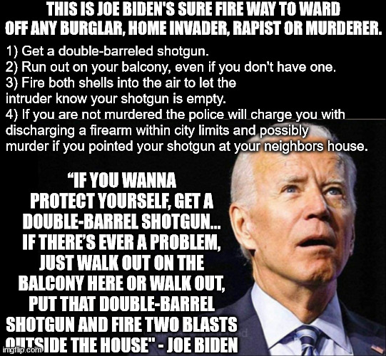 Joe Biden | “IF YOU WANNA PROTECT YOURSELF, GET A DOUBLE-BARREL SHOTGUN... IF THERE’S EVER A PROBLEM, JUST WALK OUT ON THE BALCONY HERE OR WALK OUT, PUT | image tagged in joe biden | made w/ Imgflip meme maker