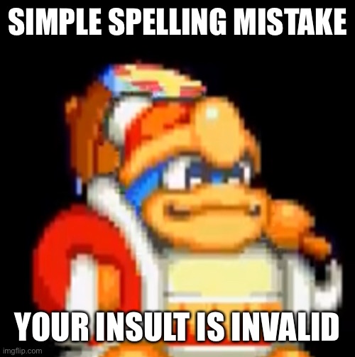 SIMPLE SPELLING MISTAKE | SIMPLE SPELLING MISTAKE; YOUR INSULT IS INVALID | image tagged in kirby,king dedede | made w/ Imgflip meme maker