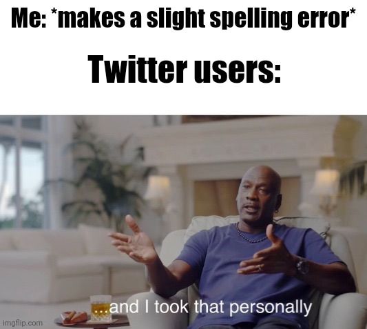 you're* | Me: *makes a slight spelling error*; Twitter users: | image tagged in and i took that personally,twitter | made w/ Imgflip meme maker