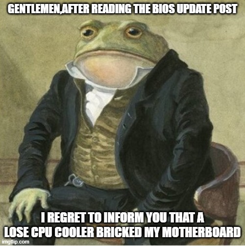 Formal frog | GENTLEMEN,AFTER READING THE BIOS UPDATE POST; I REGRET TO INFORM YOU THAT A LOSE CPU COOLER BRICKED MY MOTHERBOARD | image tagged in formal frog | made w/ Imgflip meme maker